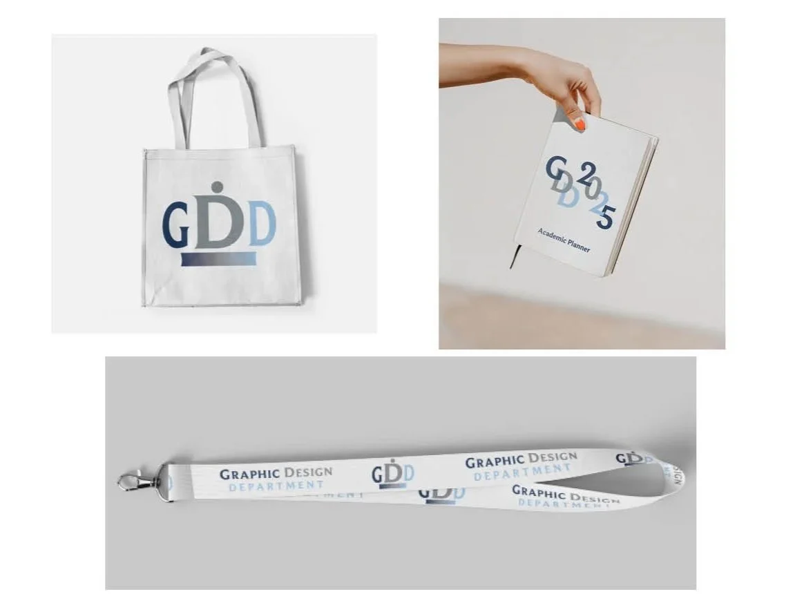 A white tote bag, a hand holding an academic planner, and a lanyard with 'Graphic Design Department' printed on it, all featuring the GDD logo.