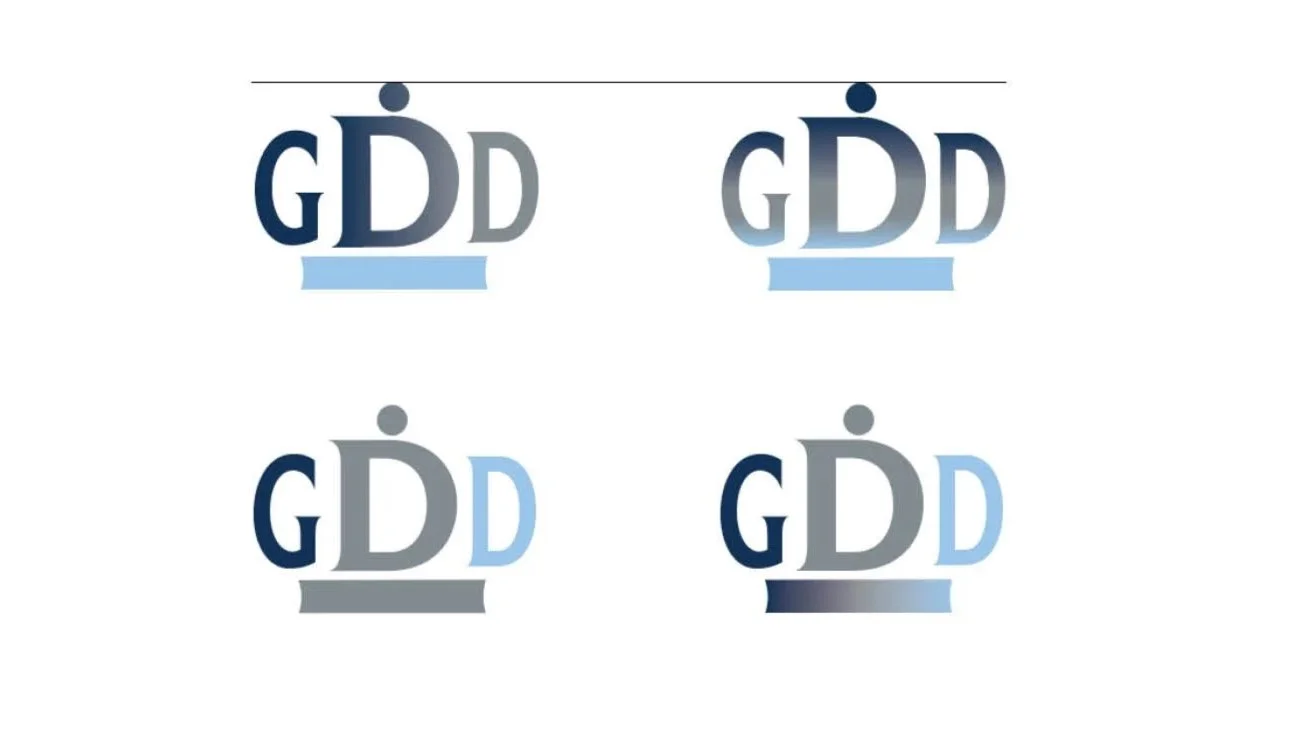Four variations of the logo with the letters G, D, D, and a crown icon, presented in different shades of blue and gray.
