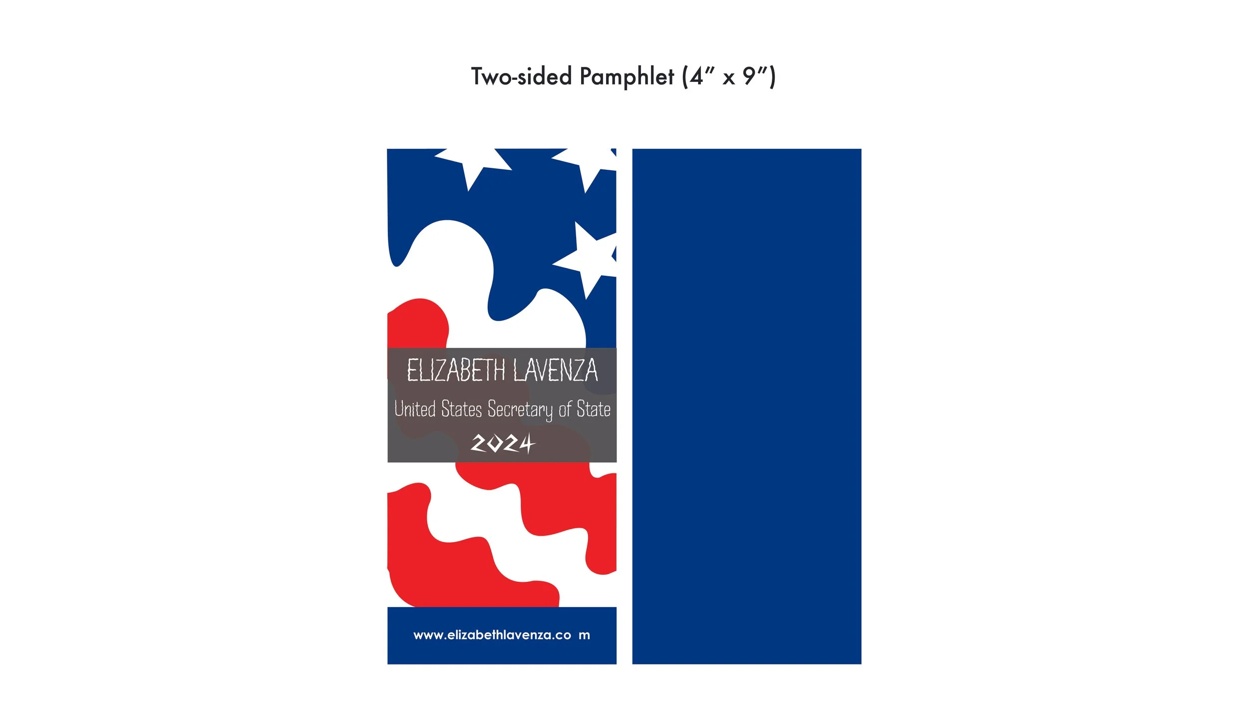 A two-sided political campaign pamphlet for Elizabeth Lavenza, candidate for United States Secretary of State in 2024, featuring a red, white, and blue puzzle piece design with her name and website.