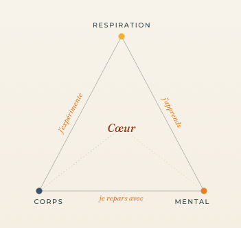 Diagramme en forme de triangle illustrant la relation entre le corps, le cœur et le mental, avec des annotations en français sur la respiration, la récupération, la performance et la réparation.