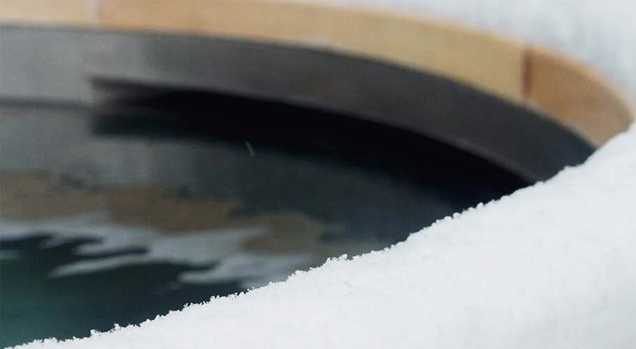 Zoom sur une bordure enneigée avec un plan d'eau et un pont en bois en arrière-plan.