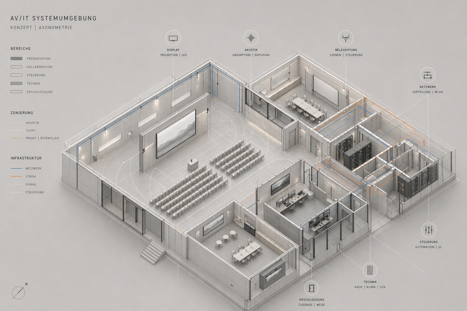 Ein 3D-Plan eines Veranstaltungsraums mit Bereichen für Präsentation, Zusammenarbeit, Steuerung, Technik und Zugang, inklusive Beschriftungen der Infrastruktur und Zonierung.