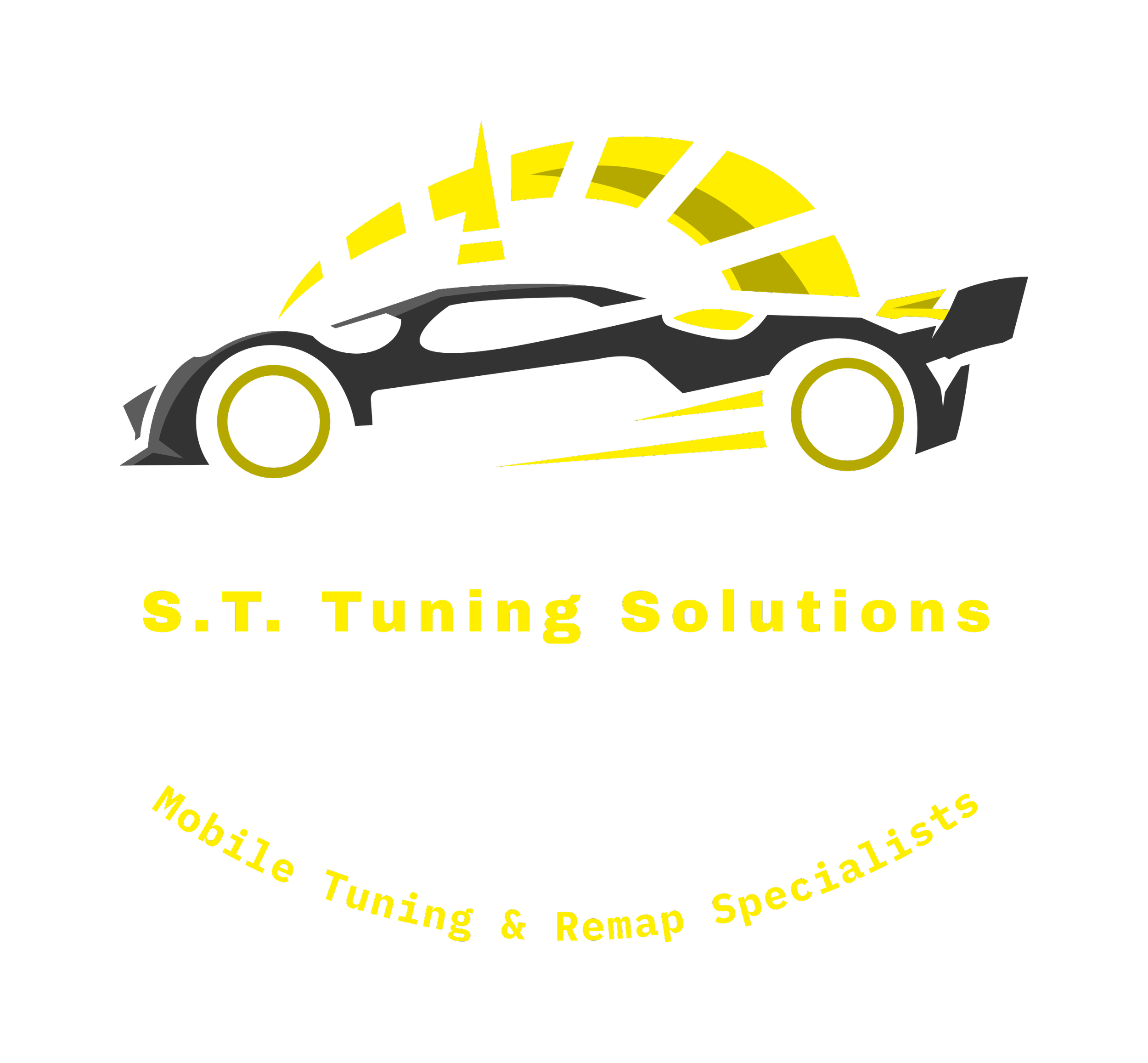 A sleek black sports car with yellow accents and a rear wing, displayed with a background of blurred yellow and black geometric shapes and the partially visible text 'S.T. Tuning Solutions' at the bottom.
