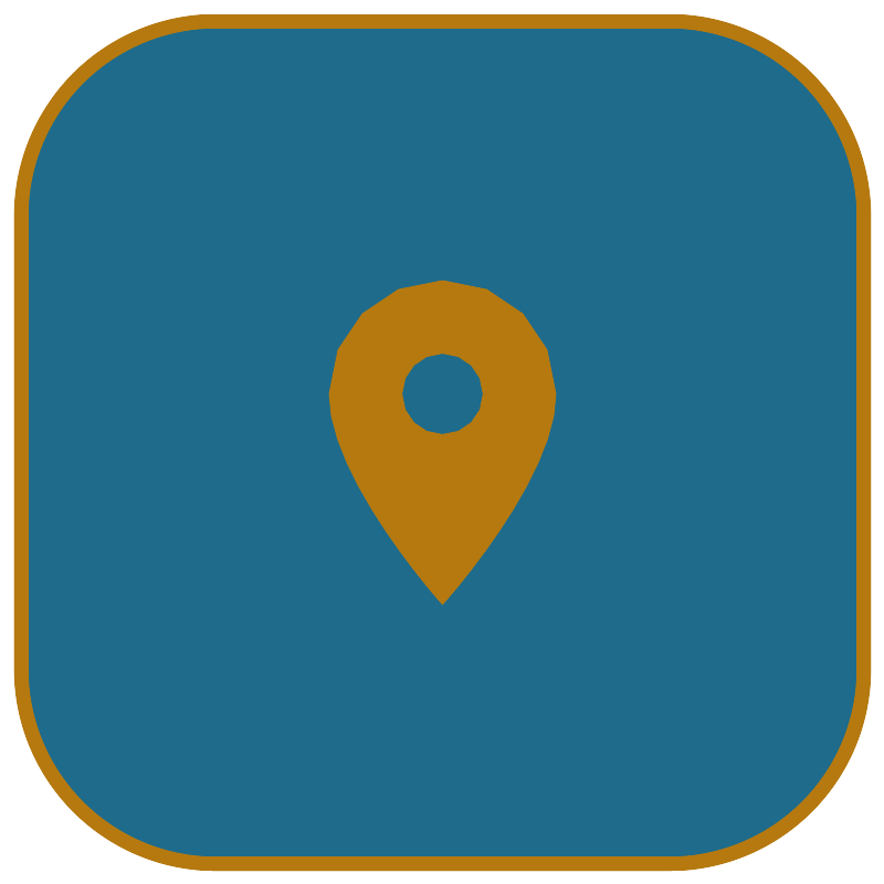 Icône d'une application de localisation avec un marqueur de carte doré sur fond bleu.