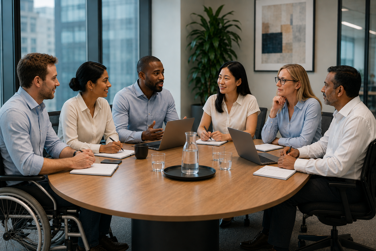 A diverse group of six employees  having a discussion at Frontierer headquarters in Brisbane Australia.