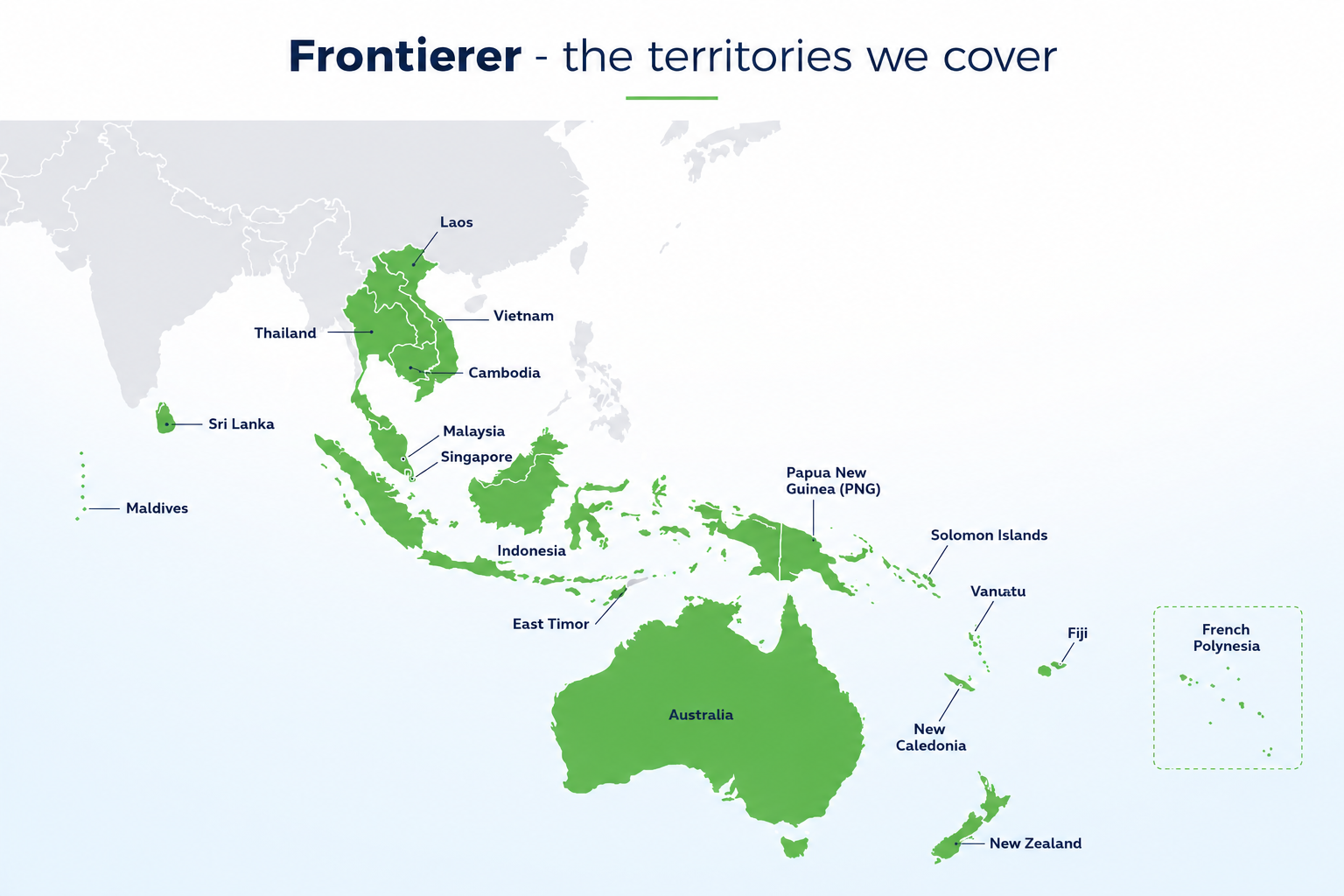 Map of the Pacific region highlighting territories covered, including Laos, Vietnam, Thailand, Cambodia, Sri Lanka, Maldives, Malaysia, Singapore, Indonesia, East Timor, Australia, Papua New Guinea, Solomon Islands, Vanuatu, Fiji, New Caledonia, New Zealand, and French Polynesia.