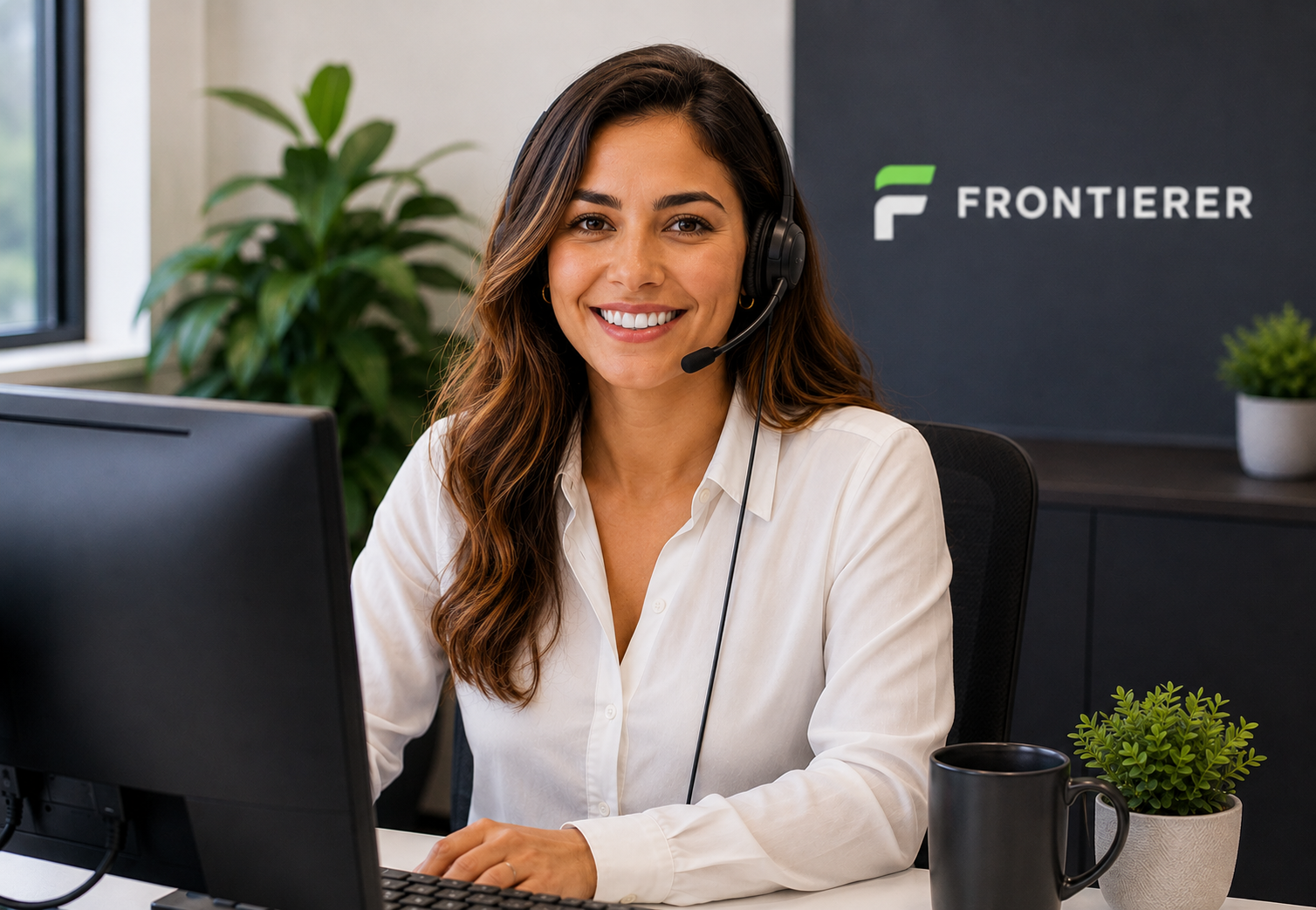 A woman wearing a white shirt with a headset sits at a desk with a computer. Behind her is a dark wall with the "FRONTIERER" logo, a window, a large green plant, and a small potted plant on a cabinet.