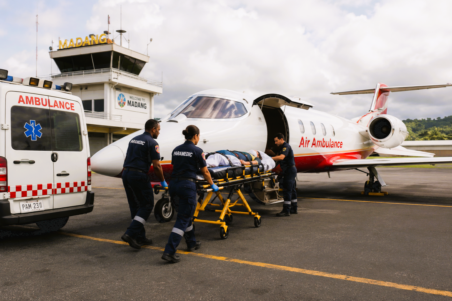Paramedics are transporting a patient on a stretcher into a small white and red ambulance and a private jet at an airport. The airport control tower shows a sign saying "Welcome to Madang."