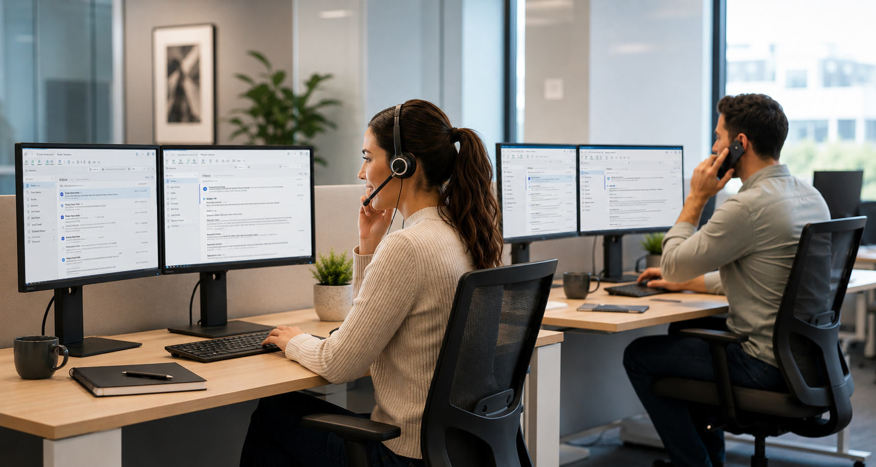 Two assistance coordinators working working in the Frontierer's Operations Centre in Brisbane Australia.