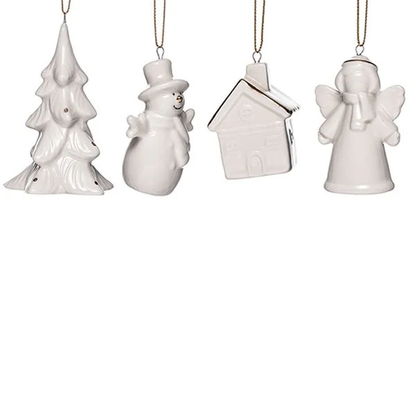 White Christmas Ceramic Hanging Decorations - Tree, Snowman, House & Angel