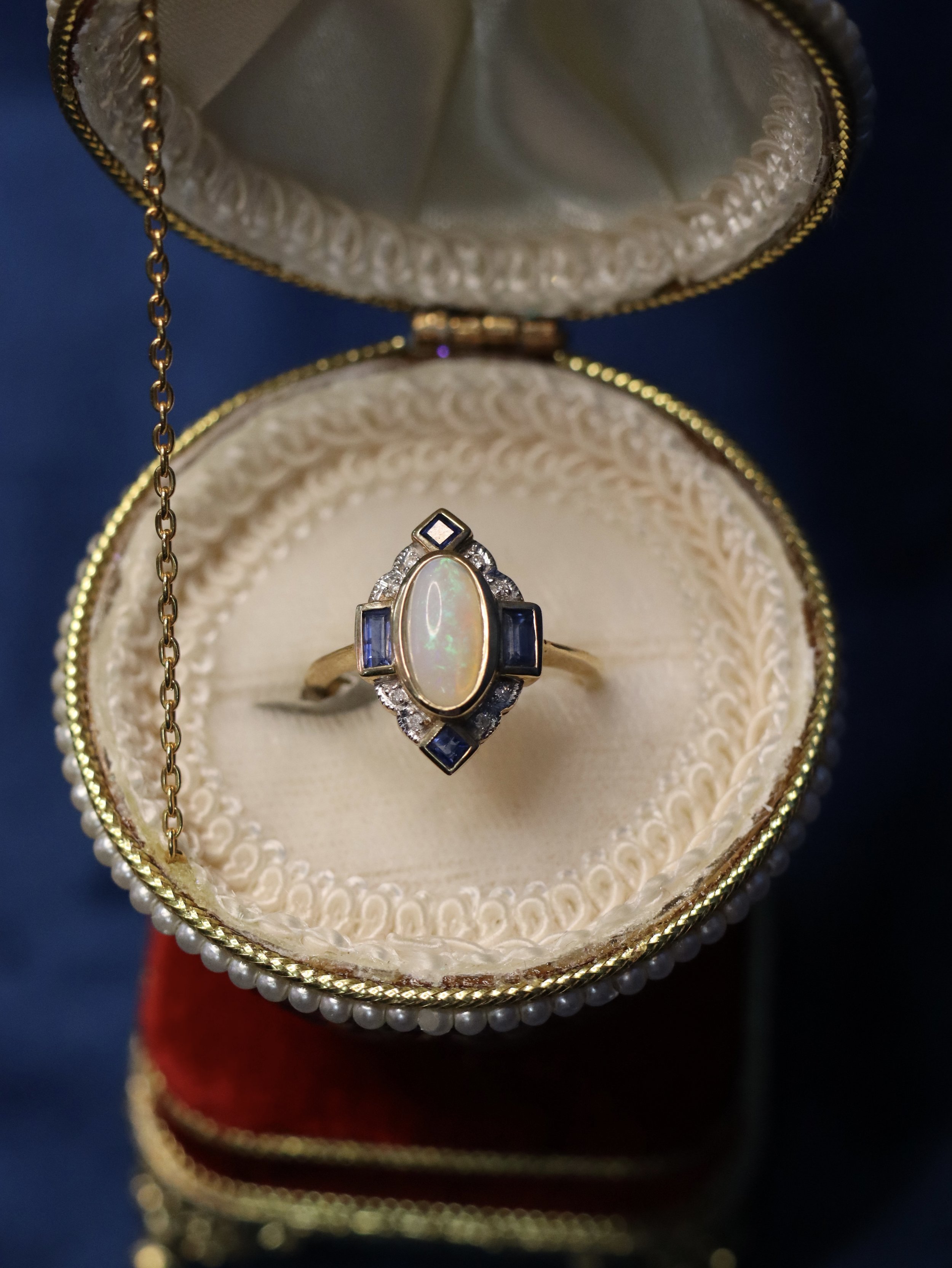 Art Deco Style 9ct Yellow Gold Opal, Sapphire & Diamond Ring