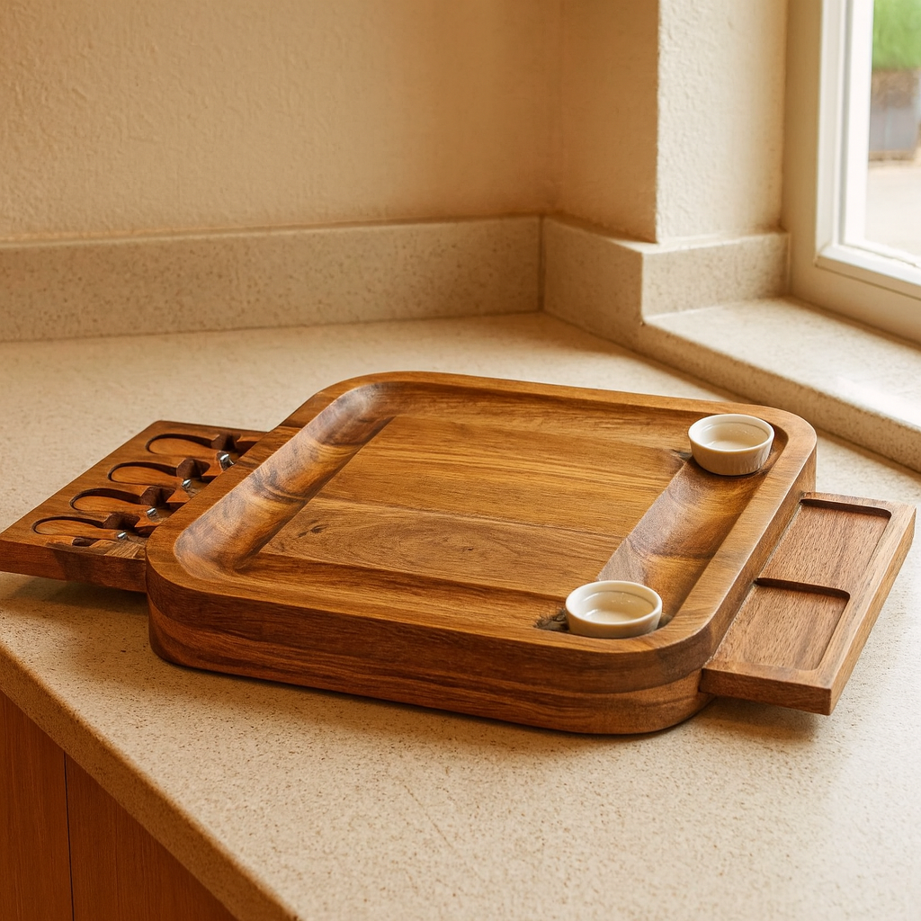 Cheese Board Rectangular with 2 Dishes & 4 Knives