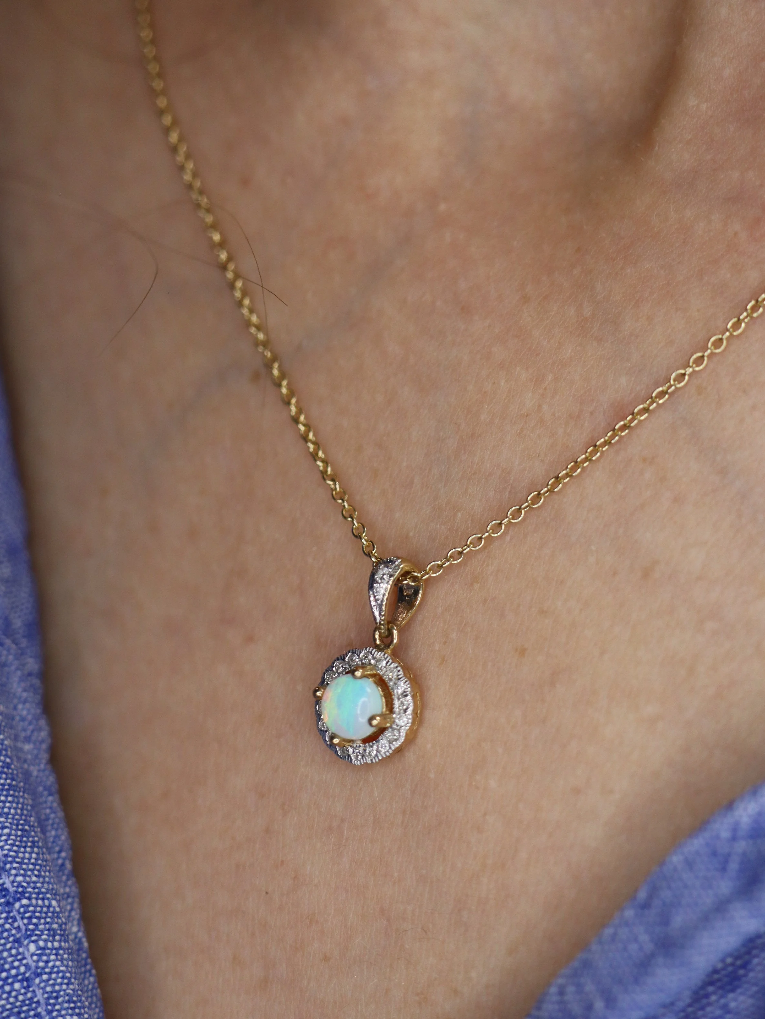 Opal and Diamond Halo 9ct Gold Pendant Necklace
