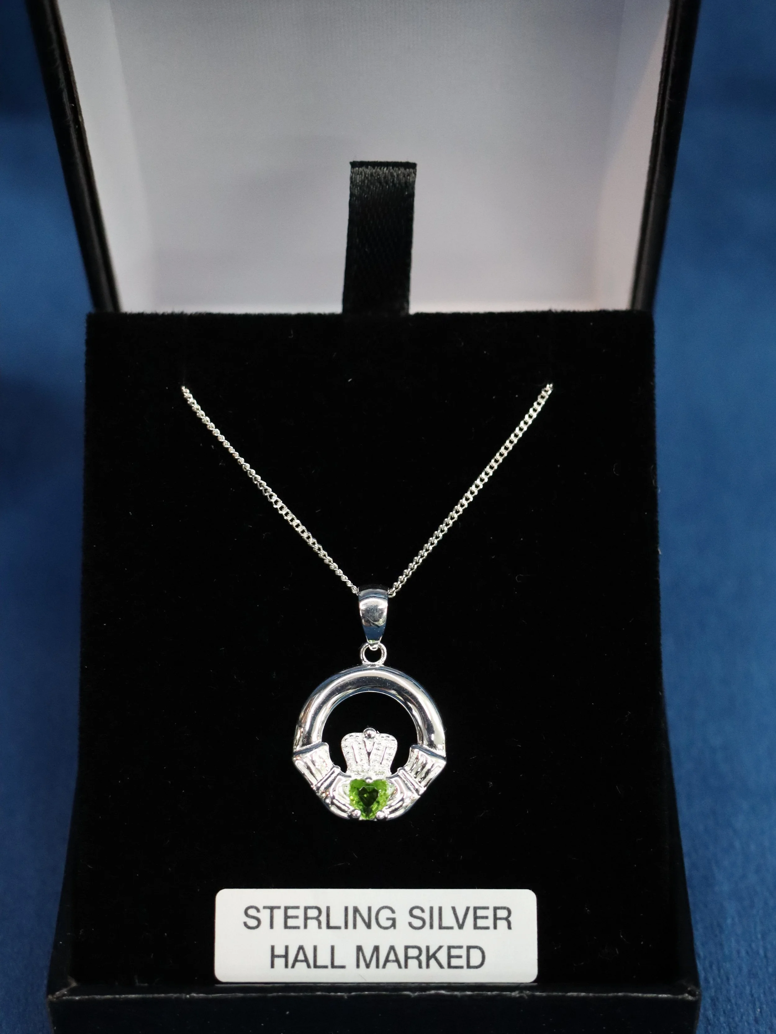 Sterling Silver Claddagh Light Green Stone Pendent and chain