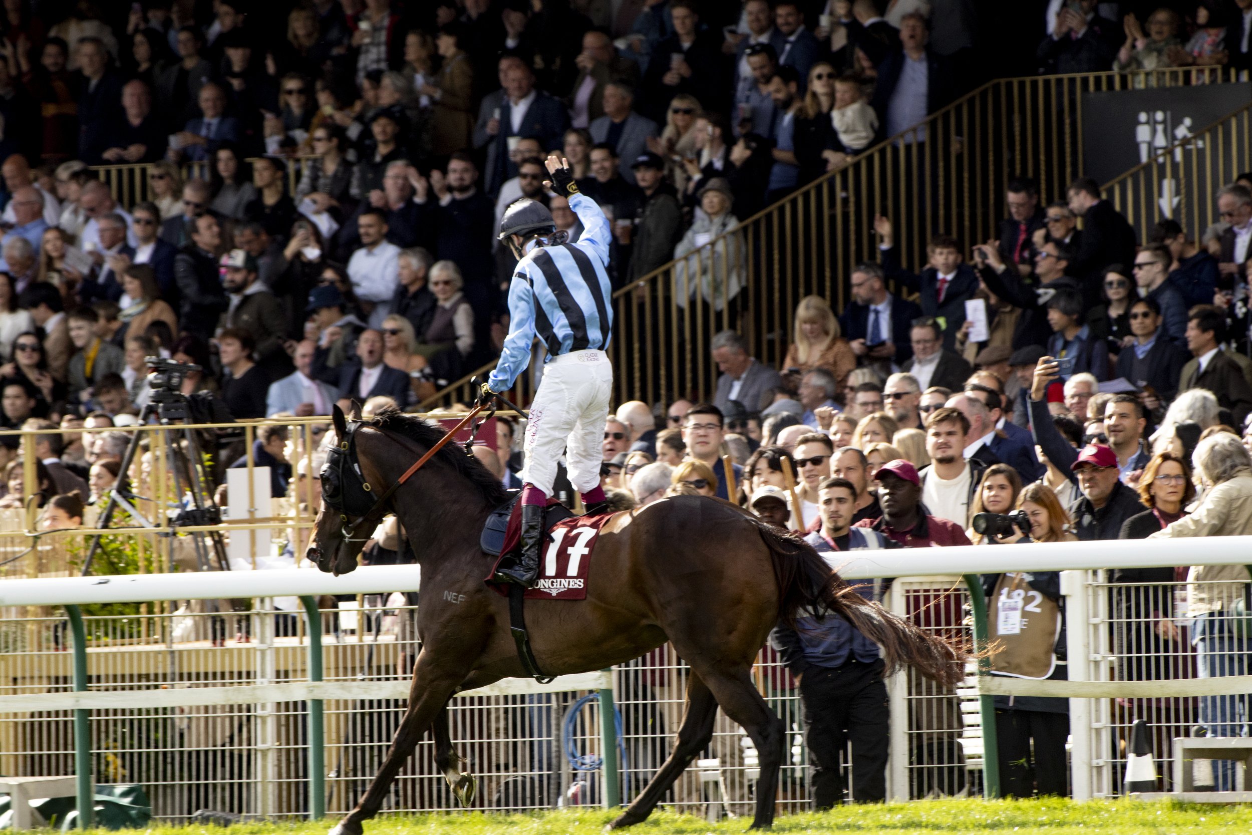 A jockey riding a horse during a horse race, with a large crowd of spectators watching from the stands.
