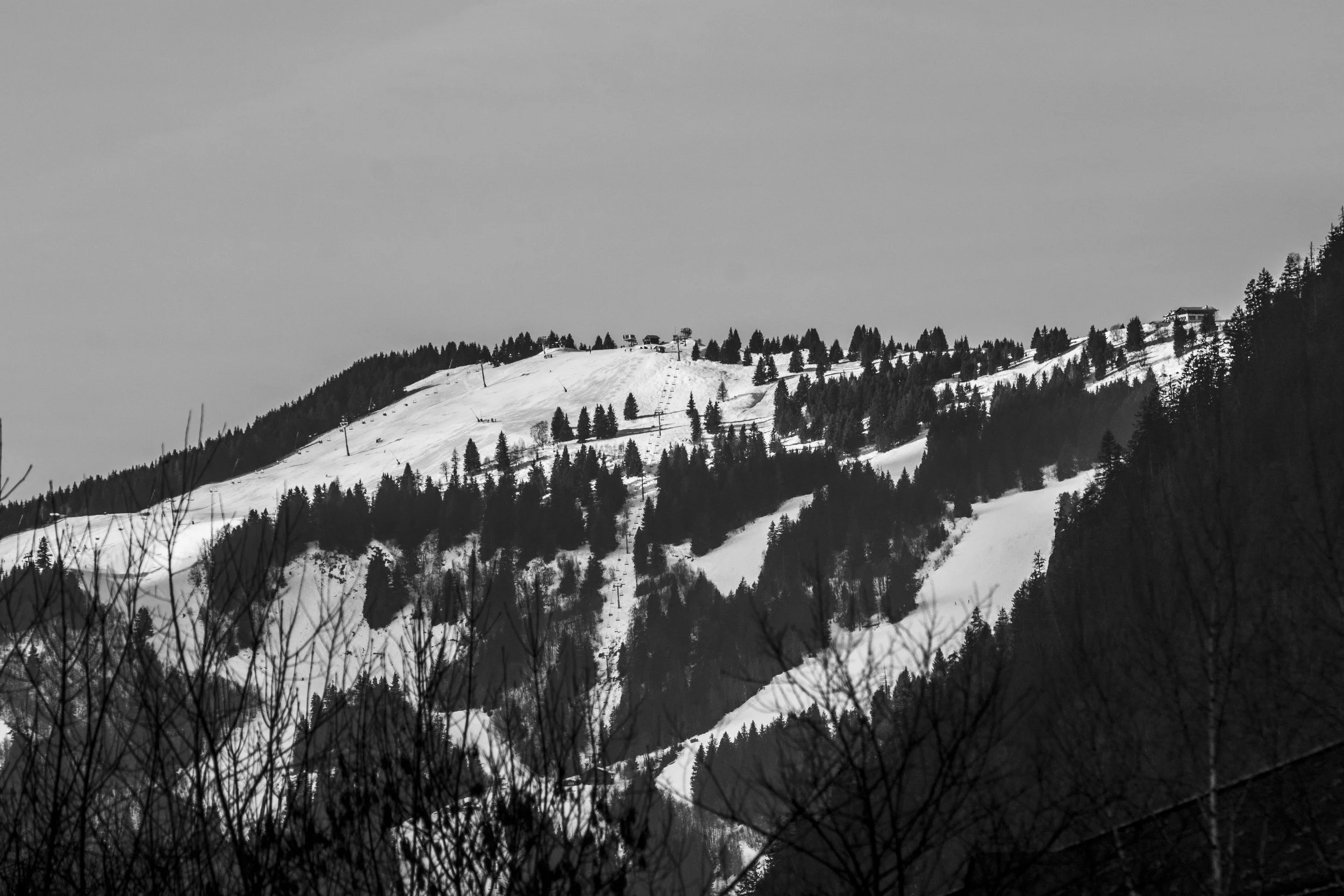 Black and white photo of snow-covered mountain with ski lift lines, surrounded by dense trees, under cloudy sky.