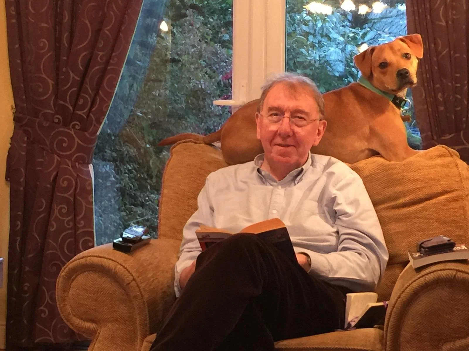A man with glasses and a white shirt sitting on a beige couch, holding a book, with a brown dog with a blue collar sitting on the backrest behind him in a living room with a window and red patterned curtains.