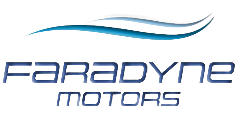 Faradyne Motors logo with stylized blue and gray text and wave design above.