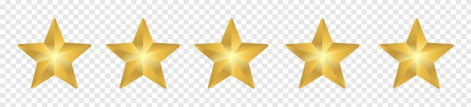 Five gold stars in a row on a transparent background.