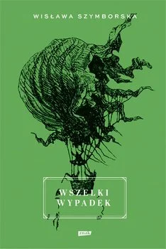 Green book cover with a black, abstract, sketch-like illustration of a beetle and flying insects, with the title 'Wszelki Wypadek' and author's name Wisława Szymborska.