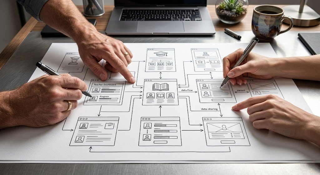 Progettazione di una piattaforma educativa digitale con AI — wireframe di interfacce per hub educativi e teacher dashboard