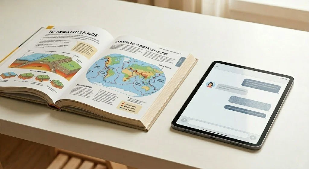 Manuale scolastico di geografia aperto affiancato a un tablet con interfaccia AI — editoria scolastica e intelligenza artificiale generativa.