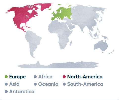 World map highlighting North America in red, Europe in green, Africa in light gray, Asia in darker gray, Oceania in medium gray, and Antarctica in light gray.