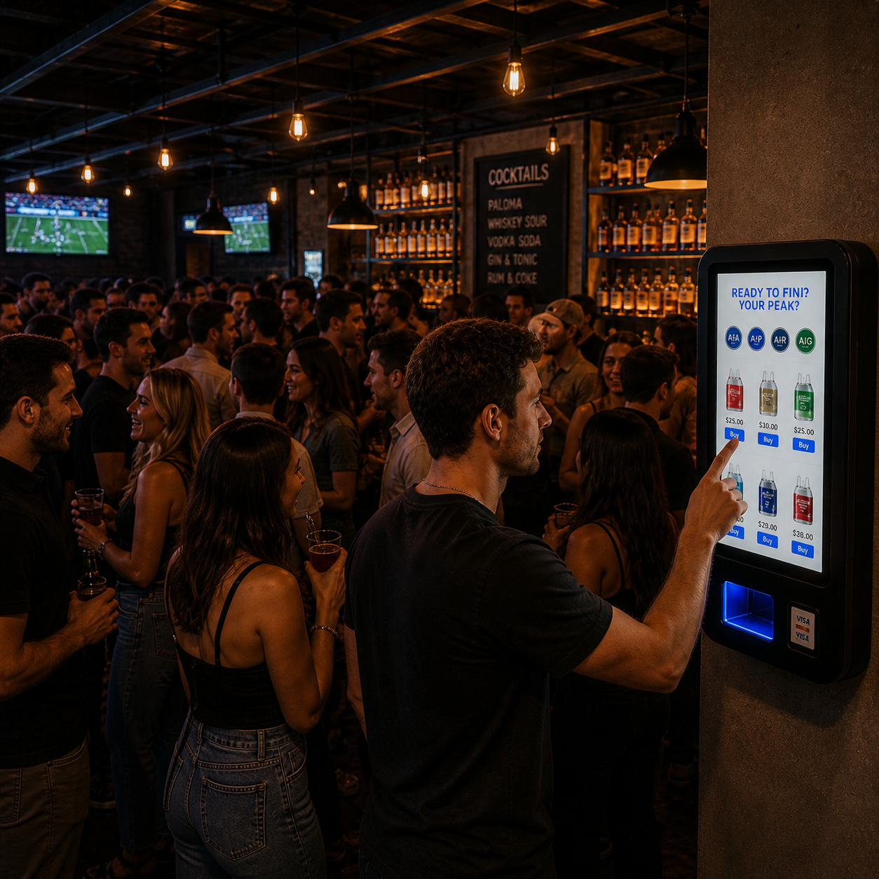 A crowded bar with many people socializing and watching sports on TVs, while a man uses a digital ordering kiosk for vapes.