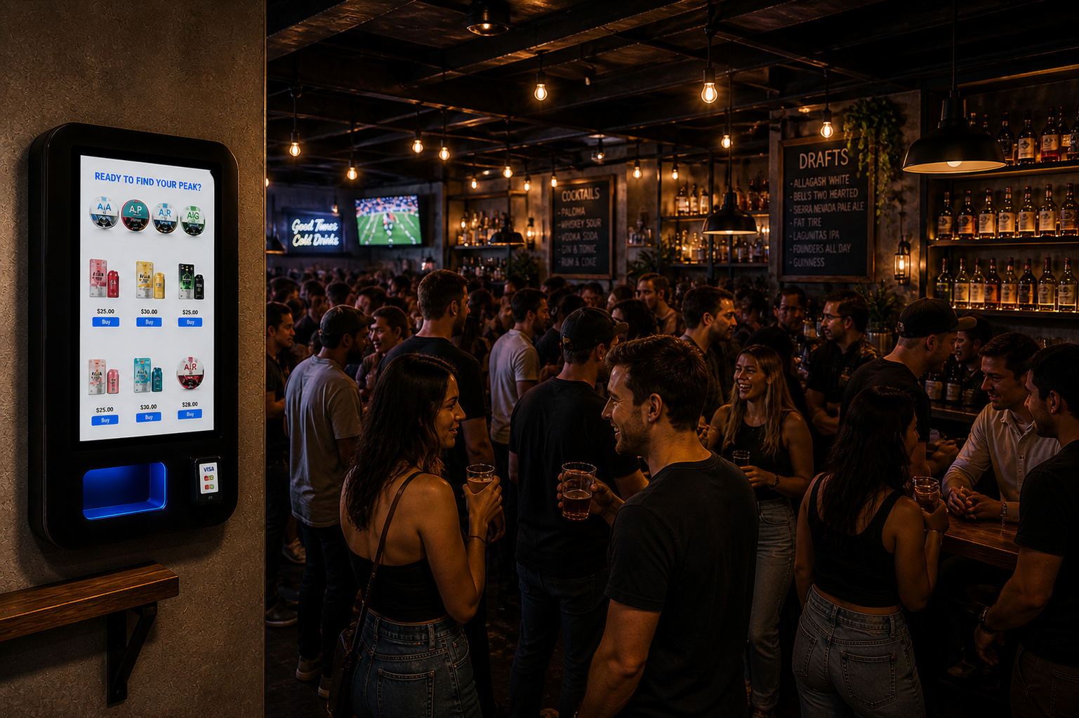 A crowded bar with people socializing and drinking. There is a digital vending machine on the left side offering nicotine products. The background shows a chalkboard menu listing draft beers and a TV screen showing a sports game.