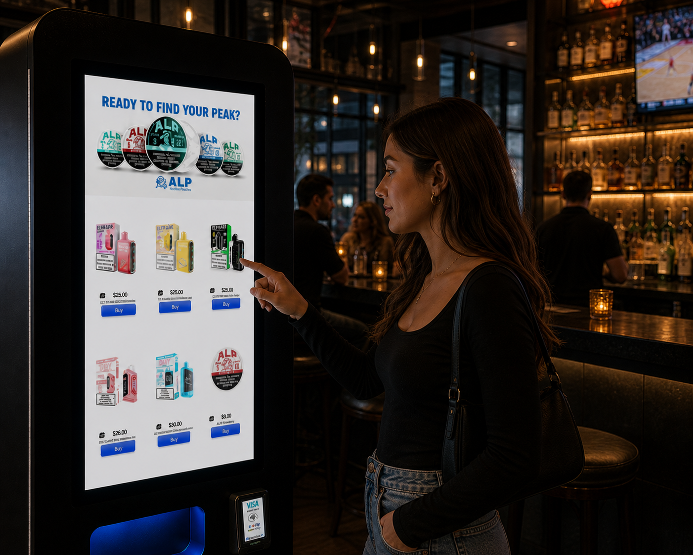 A woman is using a digital kiosk to select vaping or smoking products, with a bar in the background.