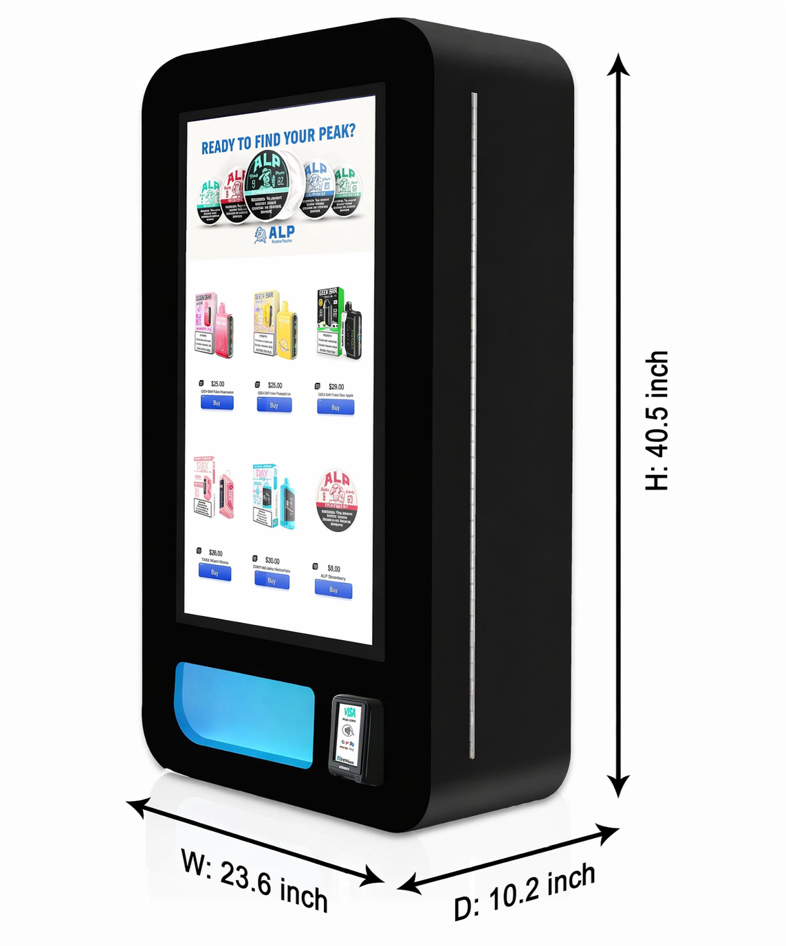 A vending machine with a large digital display screen showing various products and prices, including small electronic gadgets and accessories, with a height of 40.5 inches, width of 23.6 inches, and depth of 10.2 inches.