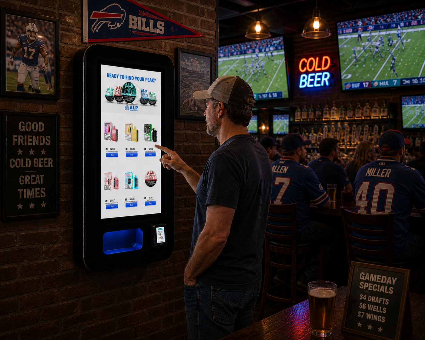 A man in a gray cap and black t-shirt using a touchscreen vending machine inside a sports bar. The bar is decorated with football memorabilia and has multiple TV screens showing football games. Other patrons wearing football jerseys are seated at the bar, and a neon sign reads "COLD BEER."