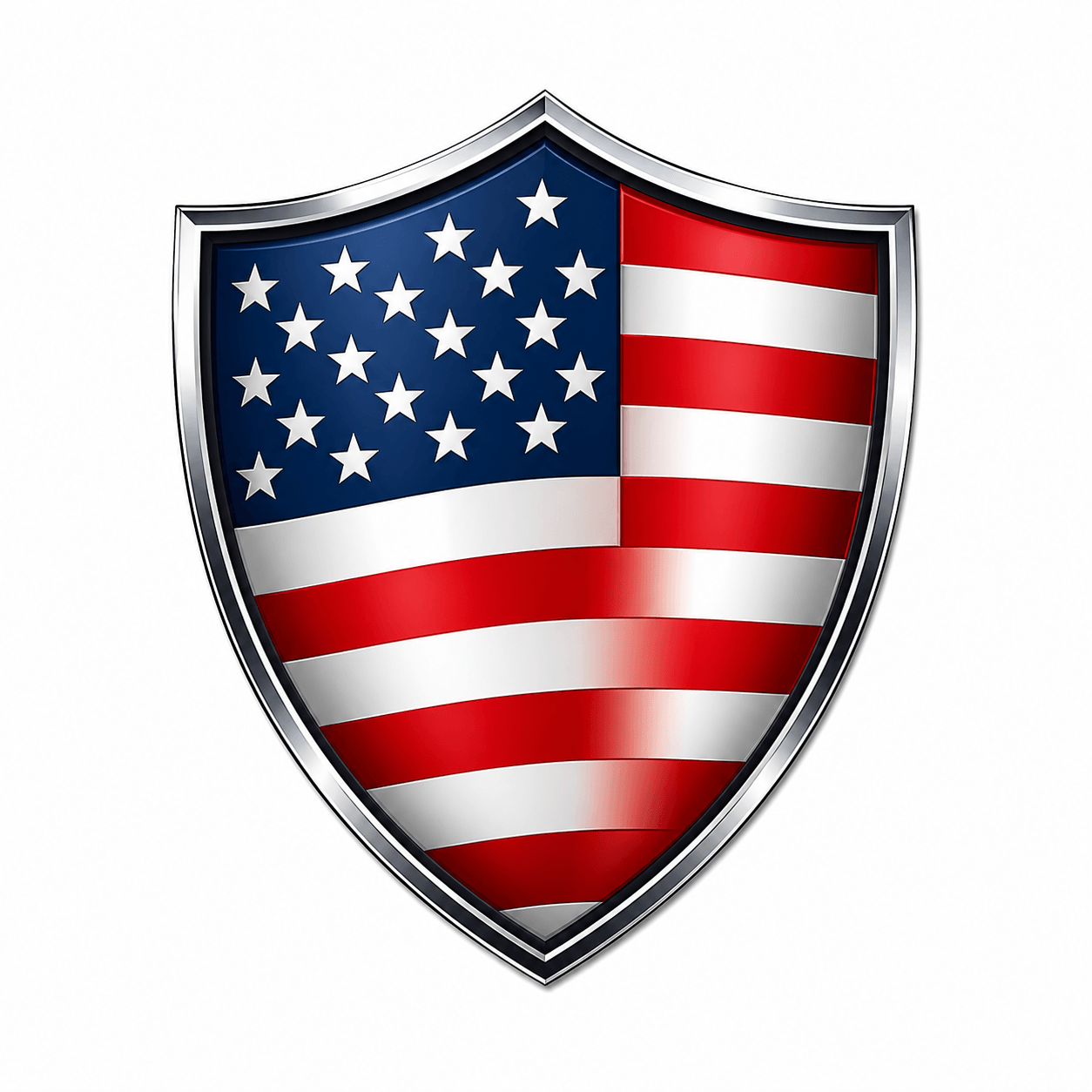 A shield emblem featuring the American flag with stars on a blue background and red and white stripes.