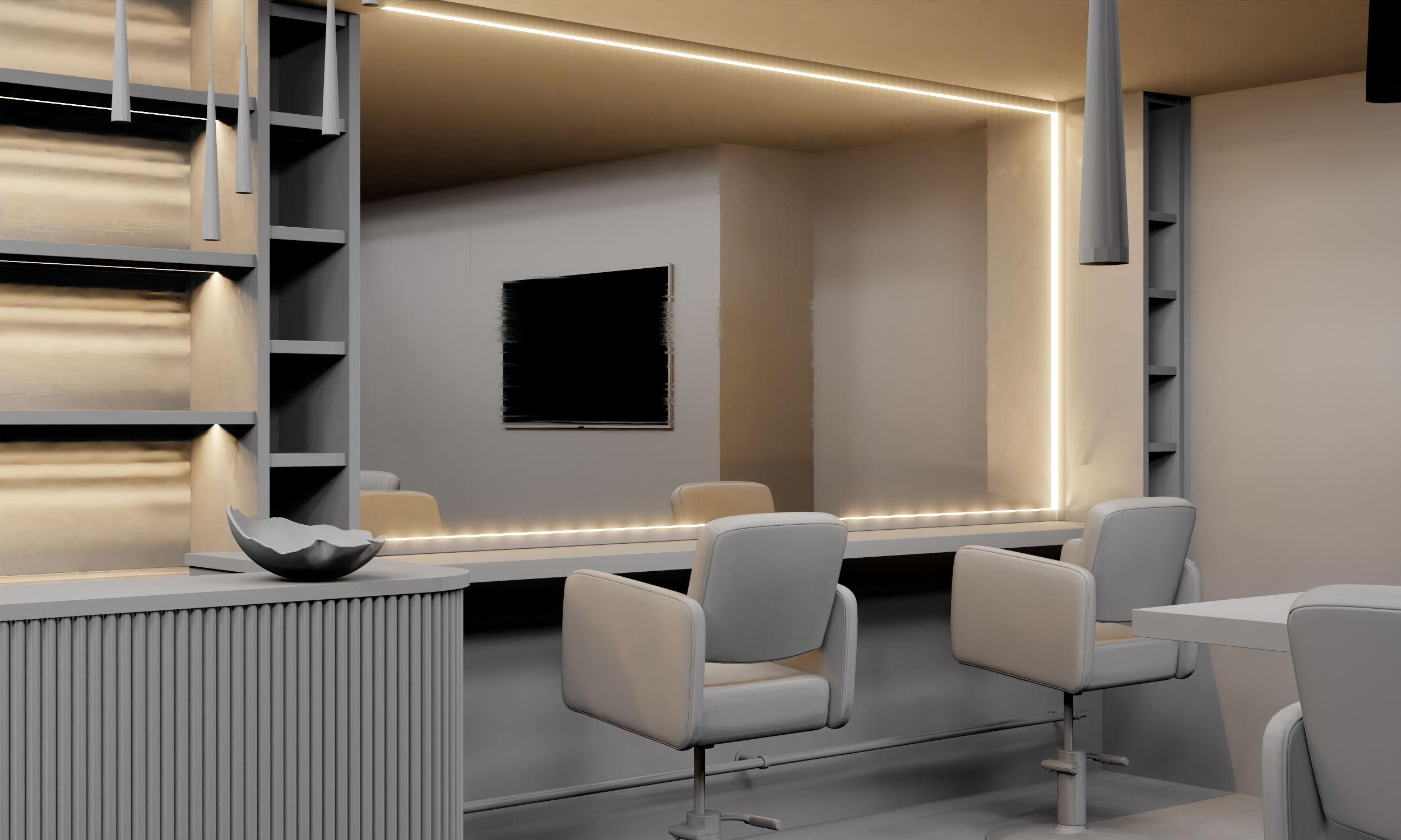 Modern interior room with beige cushioned chairs, a wall-mounted TV, a decorative bowl on a table, and built-in shelving with pendant lights, illuminated by warm lighting.