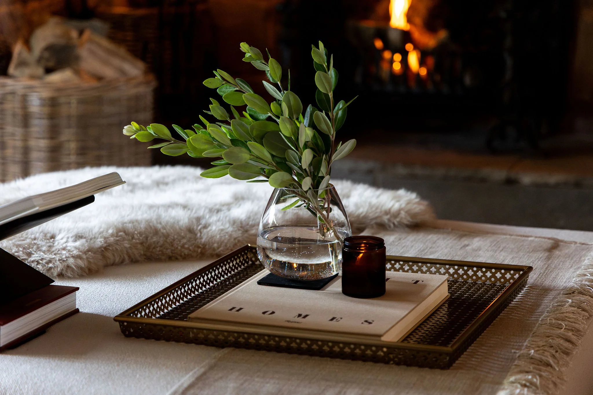 A cozy living space featuring a glass vase with green leafy branches, a soft white fluffy rug, a candle in a small dark jar, an open book, and a tray with more books on a coffee table in front of a lit fireplace.