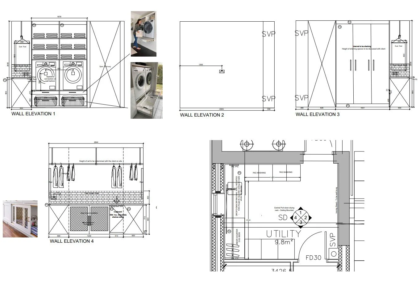 Architectural blueprint with wall elevations, floor plan, and inset photographs showing laundry appliances and a utility room.