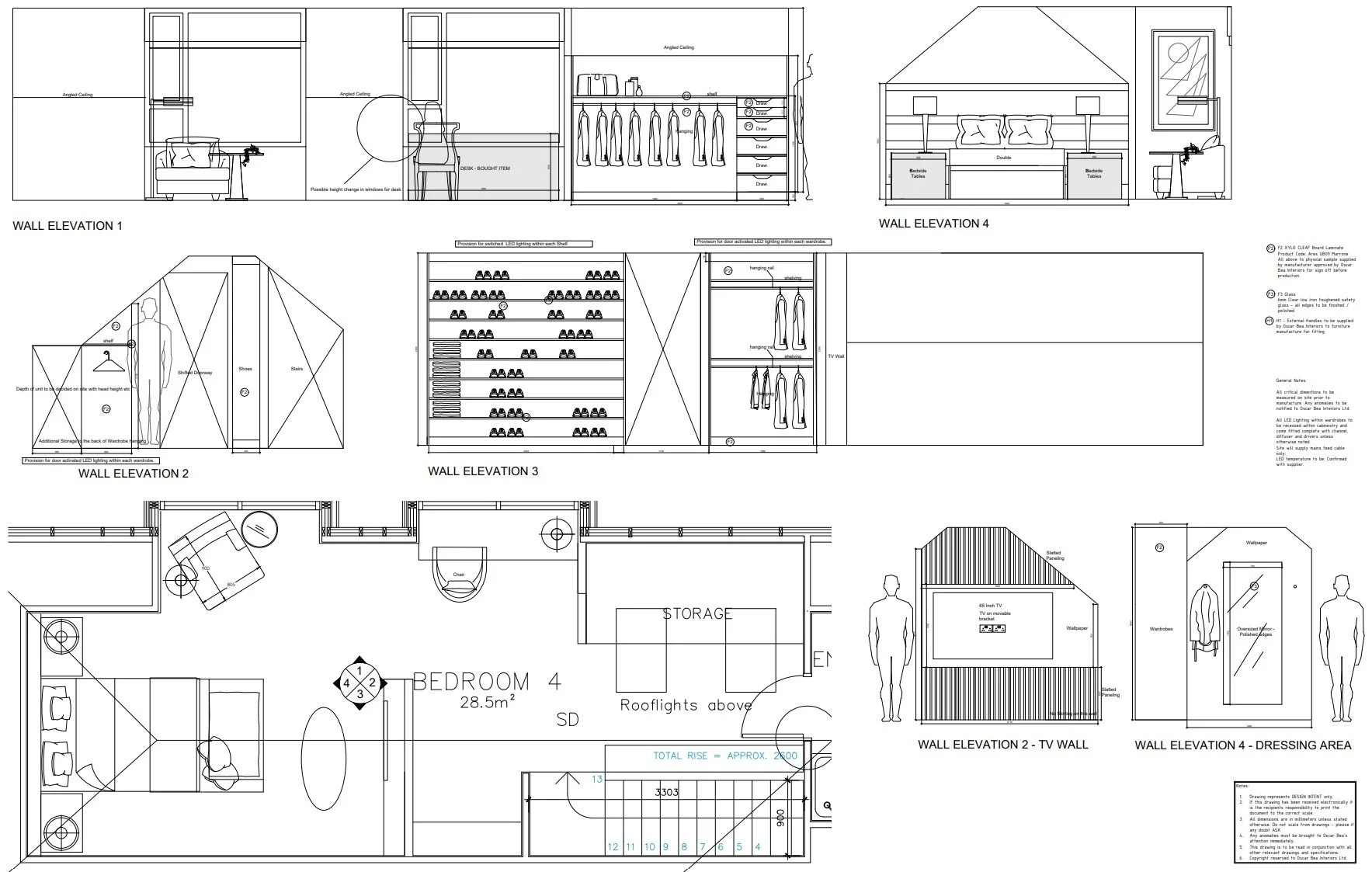 Architectural blueprint detailing interior design, furniture placement, and wall elevations for a bedroom and dressing area, including bed, wardrobe, TV wall, shelving, and storage. Multiple elevation views show room layout and furnishings.