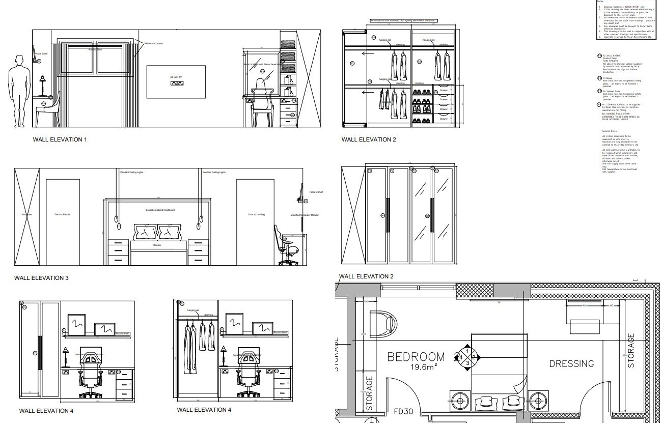 Architectural blueprint of a bedroom design showing wall elevations, wardrobe, wardrobe interior, and floor plan layout with bedroom and dressing areas.