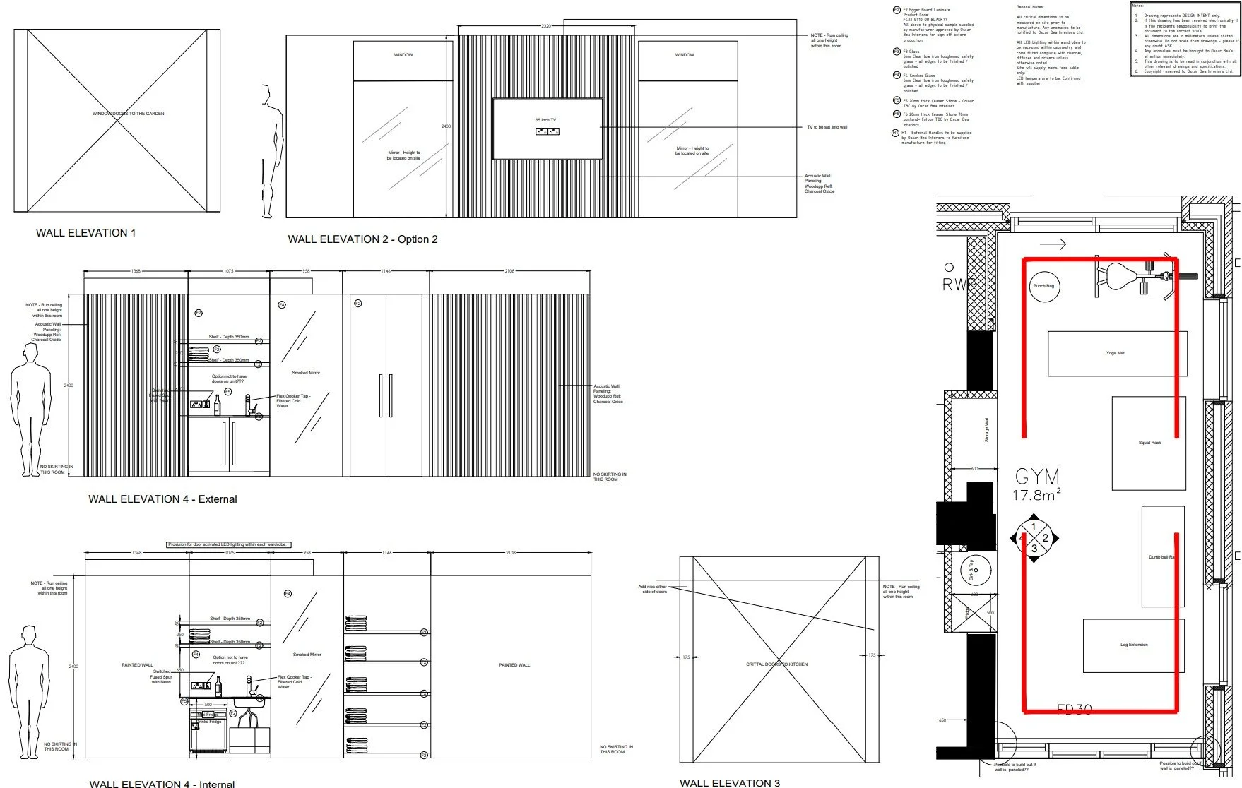 Architectural blueprint drawing of a fitness room layout, showing wall elevations, equipment placement, and construction details with a marked red outline around a specific area.