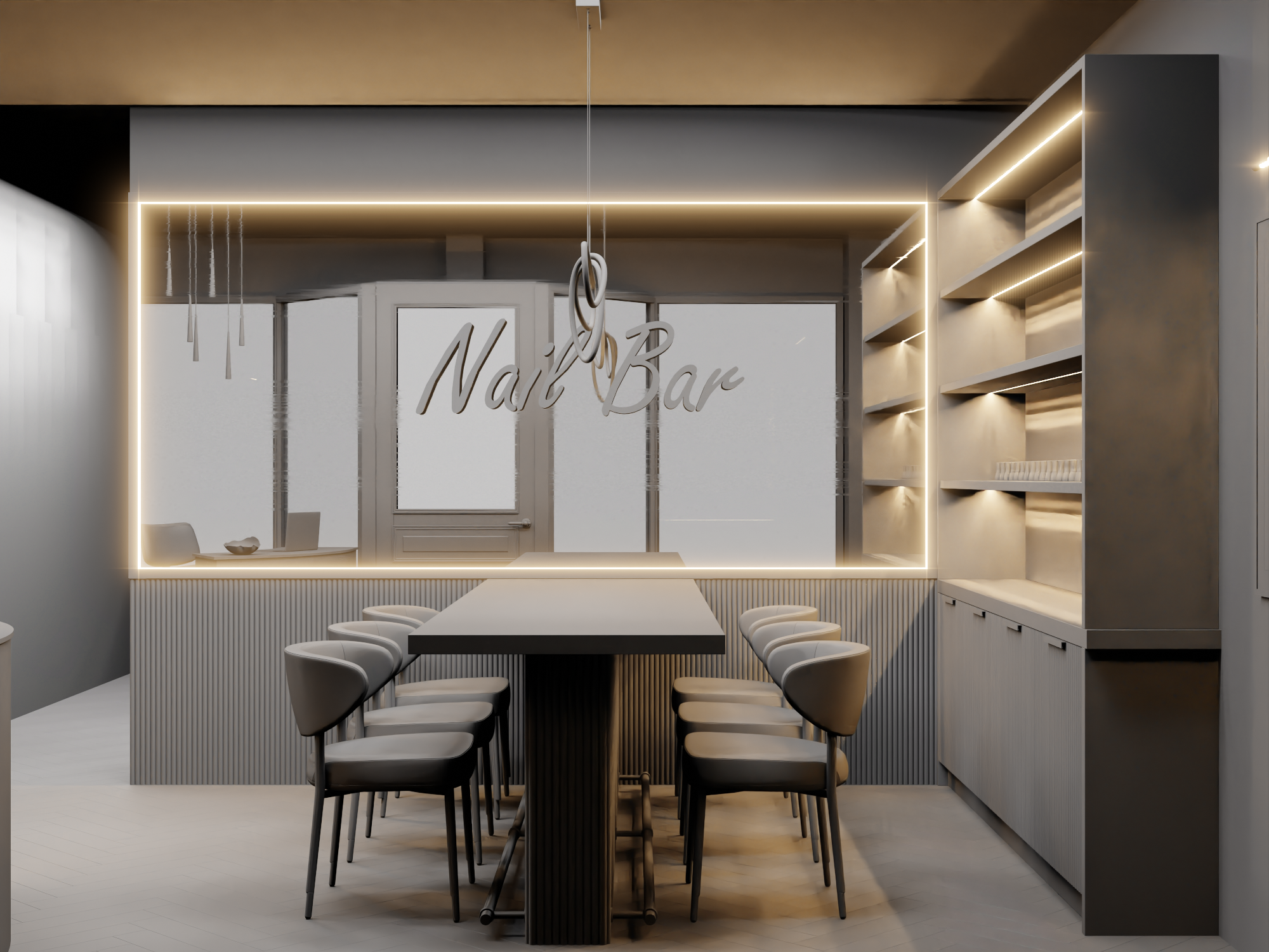 Modern nail salon interior with a sign reading 'Nail Bar' above a long table surrounded by chairs, illuminated shelves on the walls, and a decorative ring light fixture hanging from the ceiling.
