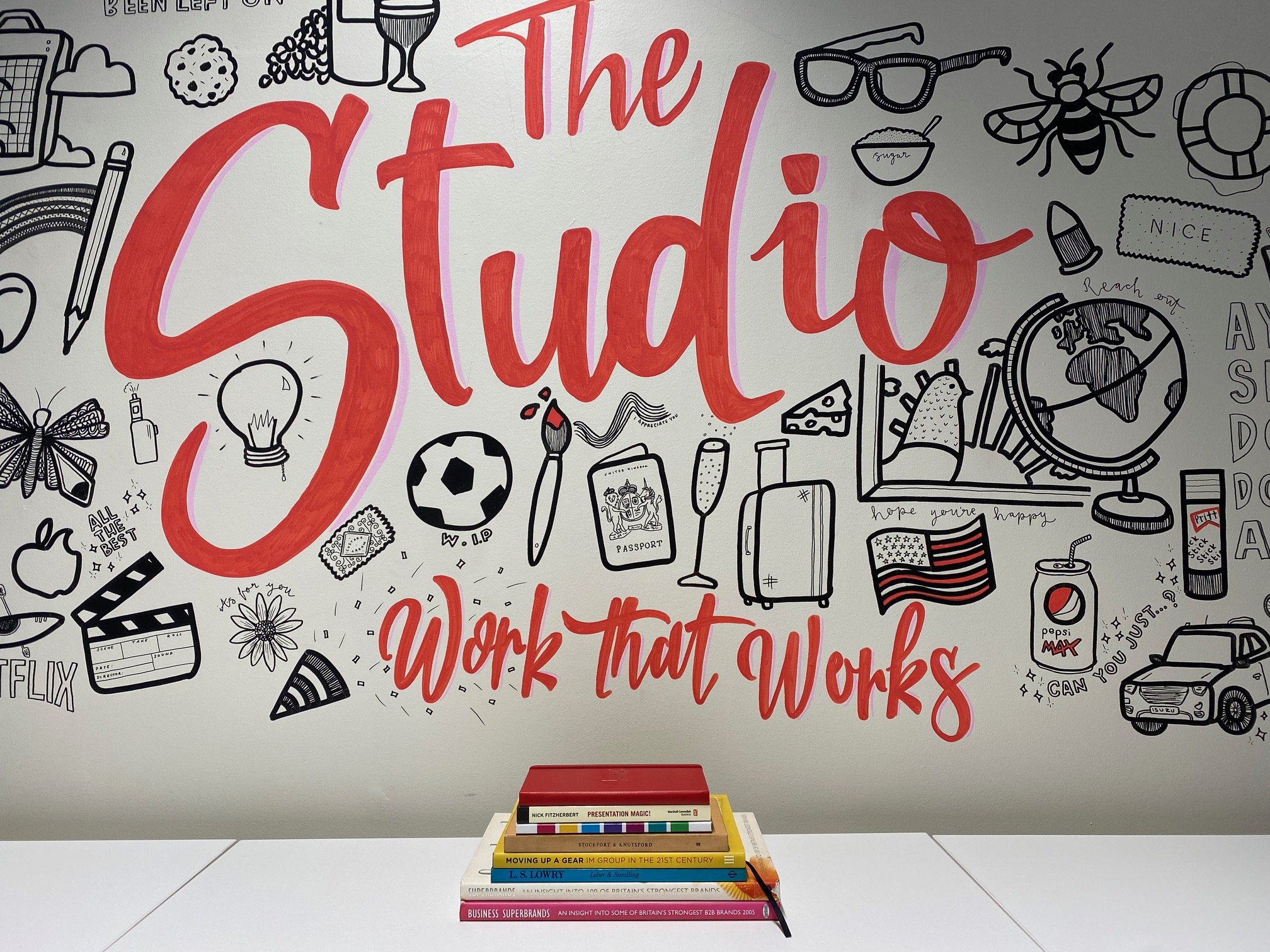 A wall decorated with black and white doodle illustrations related to activities and travel, including a camera, airplane, globe, suitcase, pizza, soda, and various other objects. There is a large, prominently written red and pink text that says, "Th