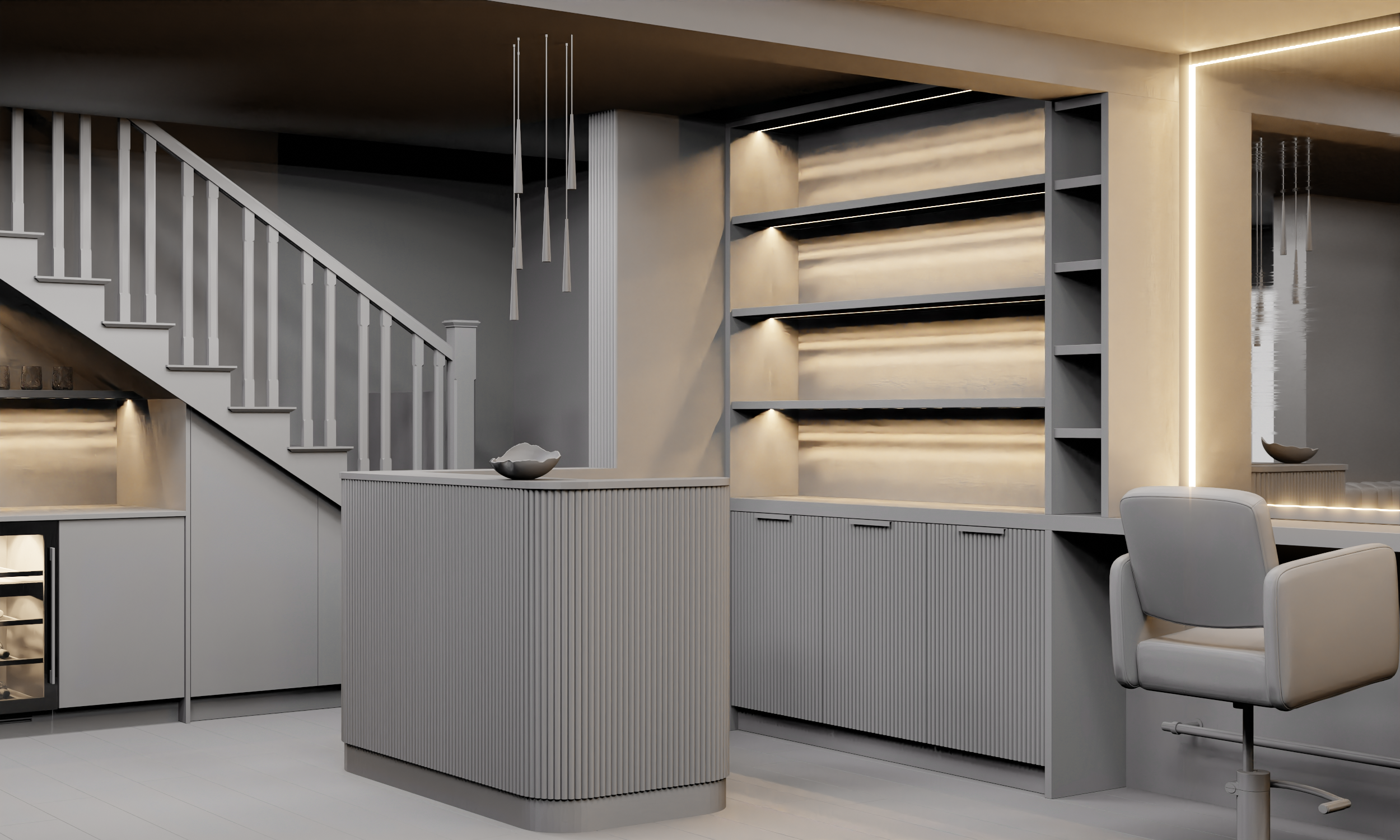 Modern interior with a white staircase, decorative hanging lights, built-in shelves with lighting, a white cabinet with a bowl on top, and a white armchair in the foreground.