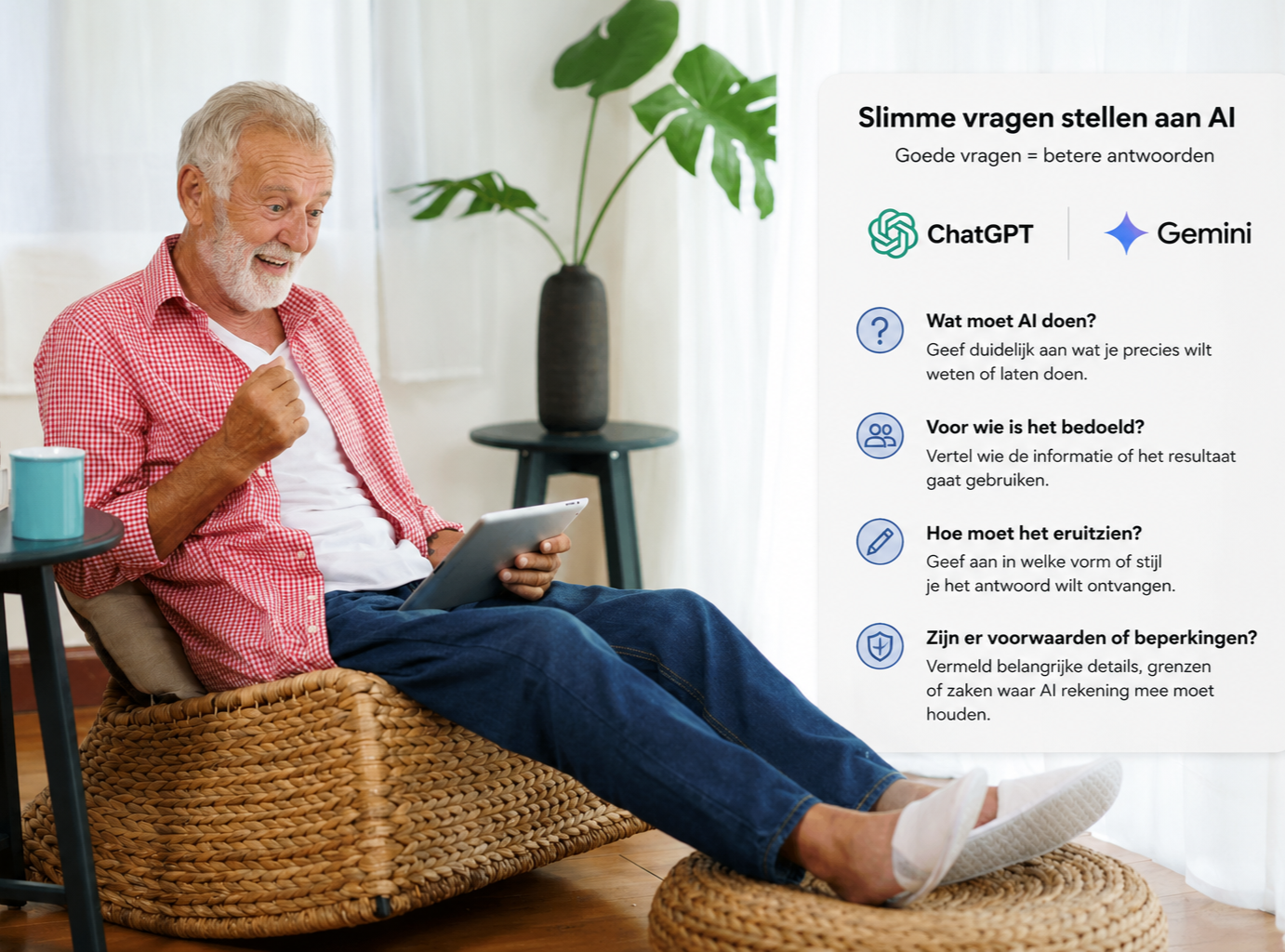 Een oudere man die op een relaxfauteuil zit met een tablet in zijn hand, lachend en kijkend naar het apparaat in een lichte kamer met een grote groene plant op een tafel naast hem. Aan de rechterkant van de afbeelding bevindt zich een informatiekaart over AI-met vragen en iconen.