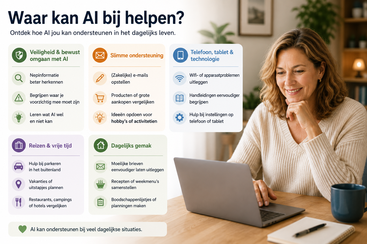 Infographic over manieren waarop AI kan helpen in het dagelijks leven, inclusief beveiliging, ondersteunende e-mails, technologie, reizen, gemak en alle gebieden.