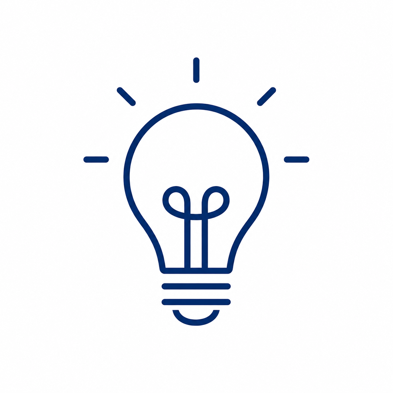 Een eenvoudige blauwe lijntekening van een gloeilamp met stralen eromheen, symbool voor een idee of inspiratie.