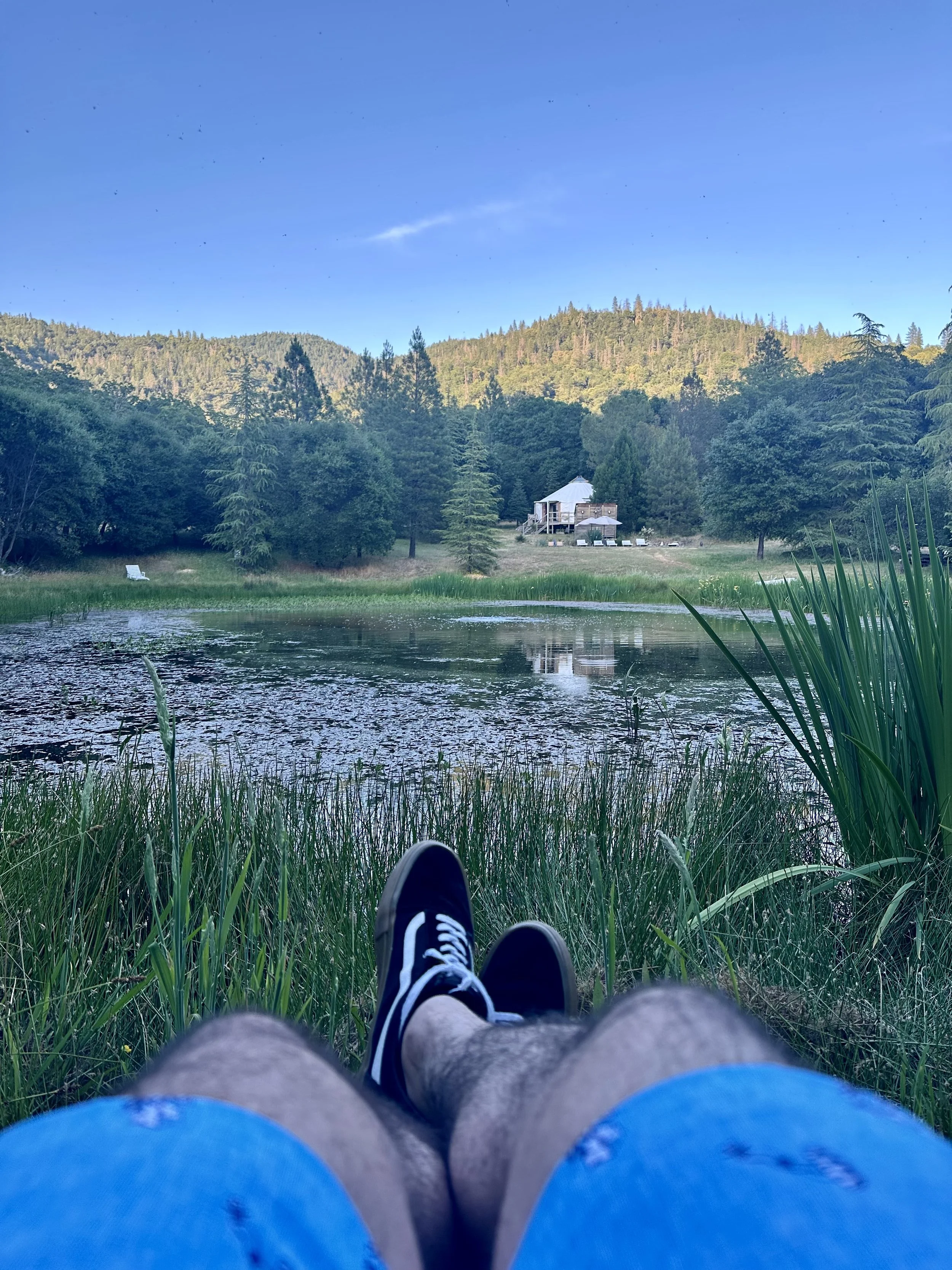 Person sitting on grass near a pond, wearing blue shorts and black sneakers, overlooking trees and mountains under a clear blue sky.