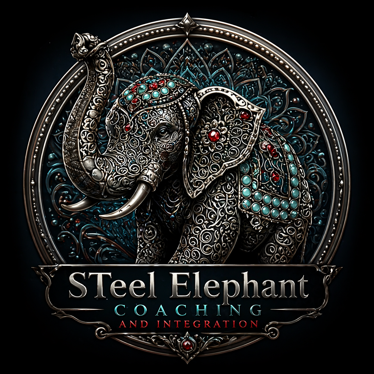 Decorative emblem of an ornate steel elephant with intricate patterns, red and turquoise gems, surrounded by a circular frame, with the text 'Steel Elephant Coaching and Integration' below.