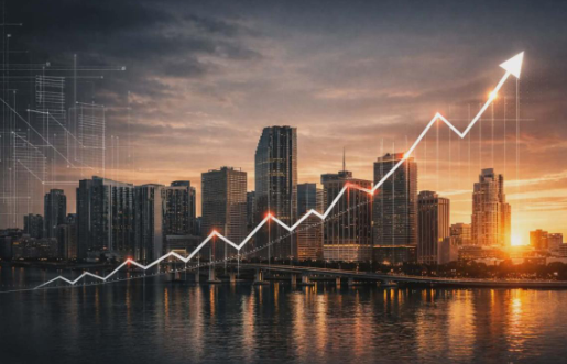 Silhouette of a city skyline at sunset with an upward trending financial graph overlay.