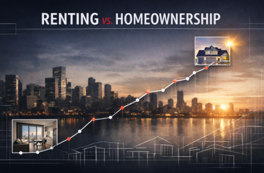 A graph showing the comparison between renting and homeownership with a city skyline in the background. The graph indicates an upward trend for homeownership.