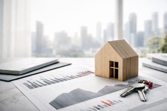 A small wooden house model placed on real estate documents with charts, keys, and a city skyline in the background.